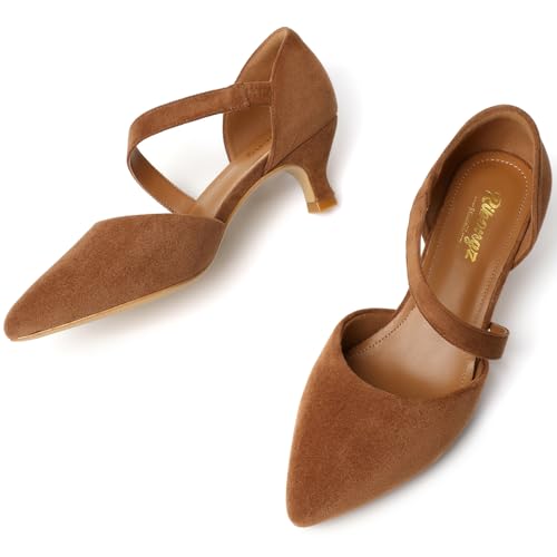 Image of RIBONGZ Kitten Heels for Women Closed Toe Comfortable Low Heels Pointed Toe Sexy Slip on Pumps Bridal Party Dressy Shoes
