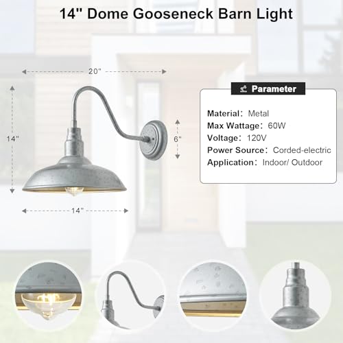 Image of 14 Inch Barn Farmhouse Outdoor Light Fixture, 2 Pack Exterior Gooseneck Lights with Galvanized Steel Finish, Outside Wall Sconce with Wall Mount for House, Porch, Patio
