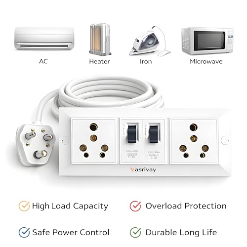 Image of Heavy Duty 16A Extension Board with Dual 16A MCB Switch | 1.5 sqmm 3 Core Cable | Power Strip for AC, Refrigerator & Microwave | Two 16 Amp Sockets (White) (3 Meter)