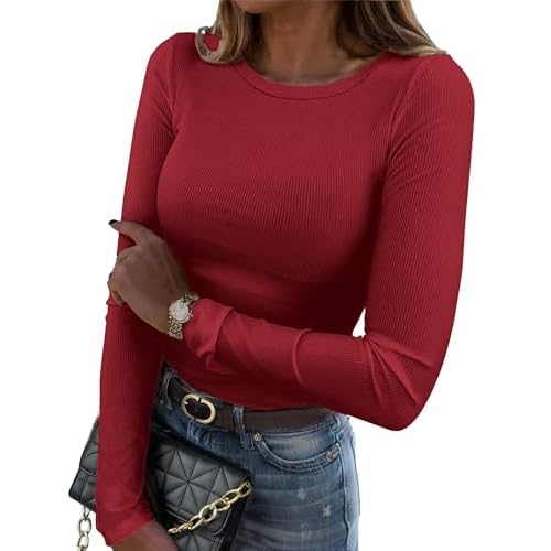 Langarmshirt Damen Basic Slim Fit T-Shirts Casual Einfarbig Stretch Tops