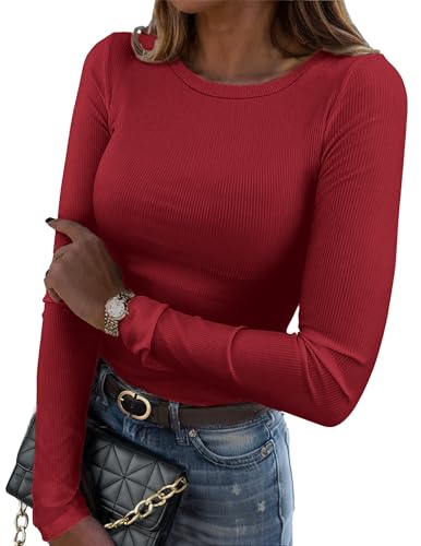 Zeagoo Camiseta de Manga Larga T Shirt Escote Cuadrado Top Punto Casual Básico Túnica Tops Elegantes Elasticidad Pullover Shirt Burdeos XS