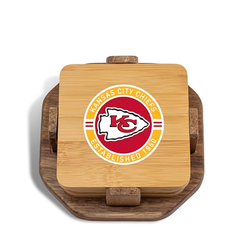 The Memory Company Officially Licensed NFL - Kansas City Chiefs 4-Pack Wood Inlay Coaster Set with Holder by The Memory Company - Used condition - US$18.62