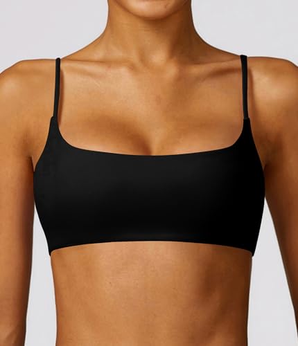 Comper Women's Sports Bra with Thin Straps Stretchy Wirefree Workout Bras Lightweight Workouts Bralette with Removable Pads (Black-M)