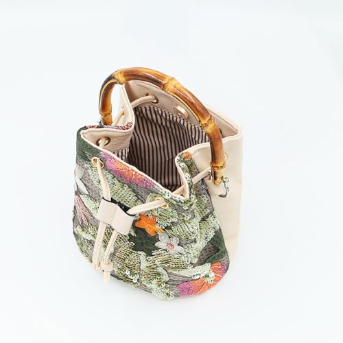 Image of Crossbody Bags for Women, Beach Bag, Hand Embroidered Tot Bag, Natural Bamboo carry handle Bucket bag, Bohemian Handbags for Women Vacation Travel Daily Matching(Silver Flowers)