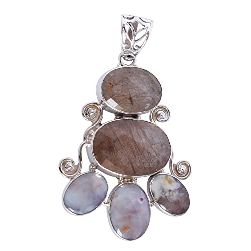 Collier en argent sterling 925 avec pendentif en jaspe à pois et rutile dorée