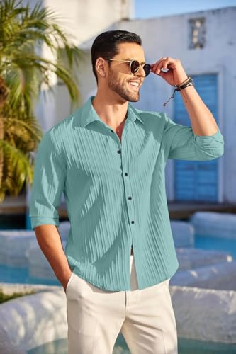 Image of FINIVO FASHION Men's Casual Cotton Plain Button Down Shirt Long Sleeve Textured Summer Beach Shirt for Men