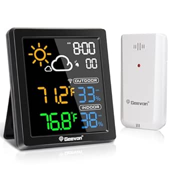 Geevon Indoor Outdoor Thermometer Wireless Weather Station with Color Display, Digital Hygrometer Temperature Humidity Monitor with Alarm Clock and Backlight