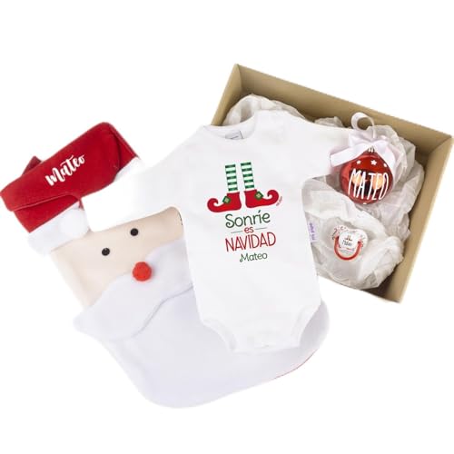 Mi Pipo – Cajita Navidad Bebé Personalizada - Papa Noel | Pack con Body Navidad Bebe, Chupete Personalizado, Calcetín, Bola Decorativa y Caja Regalo | Primera Navidad | Set Regalo Bebe Original