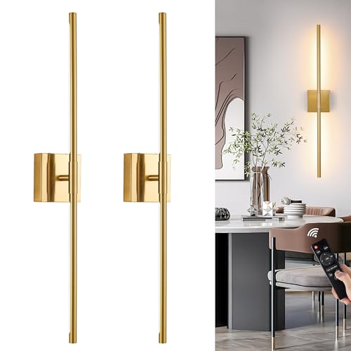 Image of 10000mAh Gold Battery Operated Wall Sconces Set of 2, 3 Color Dimmable Rechargeable Wall Light with Remote, 24 Inch Wireless Sconce Wall Lighting with Timer Function for Living Room, Bedroom, TV