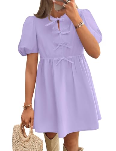 Image of ZESICA Women's Summer Short Sleeve Tie Front Mini Dress Babydoll Ruffle Pleated A Line Vacation Graduation Short Dresses