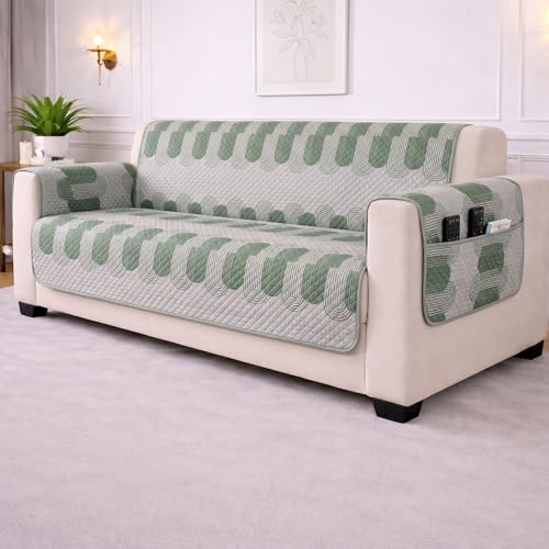 Image of STITCHNEST 'CloudFeel Series' Quilted Printed Velvet Sofa Cover for 1 Seater | Premium Soft Velvet Sofa Protector | Green Geometric Arch Design with Armrest Pockets | Furniture Cover