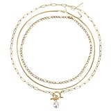 Mikovivi 3 Stück Mehrlagige Halsketten für Damen, Gold Zierliche Mehrlagige Halskette Stapelbar mit Perlenanhänger Stapelbar Modeschmuck für Damen Schmuckgeschenk