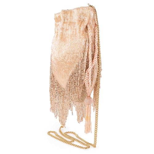 Mary Frances Boho Chic Beaded Drawstring Handbag with Fringe and Tassel Champagne Statement Evening Purse with Removable Strap, Pink4