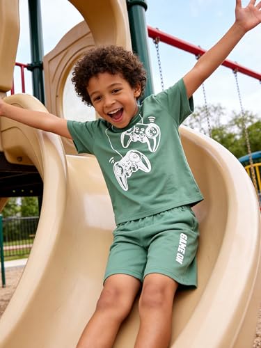 Image of KIDLAGA Kids Toddler Boy Clothes Outfits Bear Print Tee + Plaid Shorts 2 Pieces Summer Shorts Set