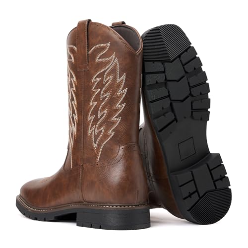 Image of Julyrose Men's Cowboy Boots - Western Boots Square Toe,Slip Resistant,Retro Embroidered Design,Slip on Chunky Heel Country Boot