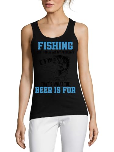Débardeur coton femme fishing & beer, top noir humour pour fan de pêche et bière
