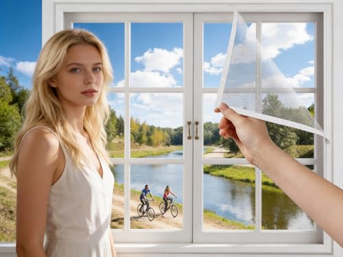 Self-Adhesive Fiberglass Window Screen Mesh No-Tools Easy Install Window Netting for Insects & Cats Mosquito Fly Bug Net for Windows Cat Window Protector (1pc 100cm*130cm)