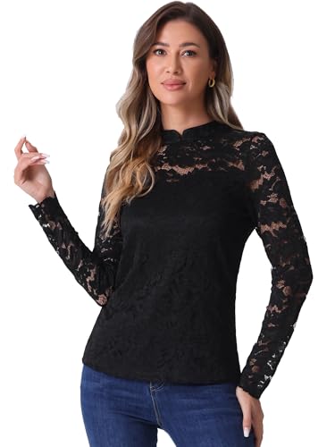 Haut semi-transparent en dentelle pour femme Allegra K à manches longues et col rond