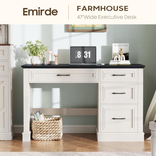 Image of Farmhouse 47 inch Executive Desk with File Drawer, Computer Desk with 4 Drawers, Workstation for Writing, Study, Home Office, Black.