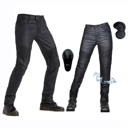 oFzimTo Motorradhose Herren/Damen, wasserdichte Beschichtung Motorrad Jeans mit Protektoren, Winterhose Stretch Motorradbekleidung (Schwarz-A,M)