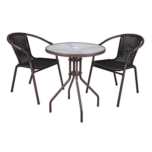 Nexos Bistroset Balkonset Rattanset – Sitzgarnitur aus Glastisch & Bistrostuhl – Stahlgestell Poly-Rattan Glasplatte – robust stapelbar – dunkel-braun