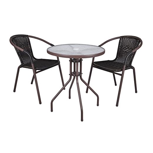 Nexos Bistroset Balkonset Rattanset – Sitzgarnitur aus Glastisch & Bistrostuhl – Stahlgestell Poly-Rattan Glasplatte – robust stapelbar – dunkel-braun