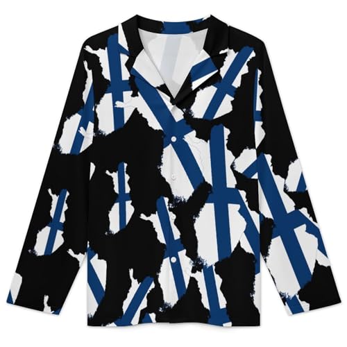 Flag Map of Finland Men's Pajamas Set 2 Piece Button Down Shirts And Pants Sleepwear Lounge Pj Sets3