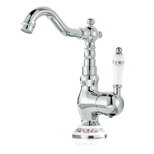 EGTink Robinet Lavabo Rétro Robinetterie de Lavabo en Laiton Antique Mitigeur Robinet Salle de Bain Chaud et Froid, Rotatif à 360°,Poignée en Céramique,Chrome