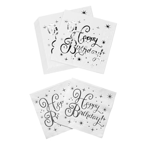 GVSS 40 Pièces Serviette Joyeux Anniversaire Blanc Argent 33 cm, Serviette Anniversaire,Serviette Papier Argent,Serviette Papier Joyeux Anniversaire pour...