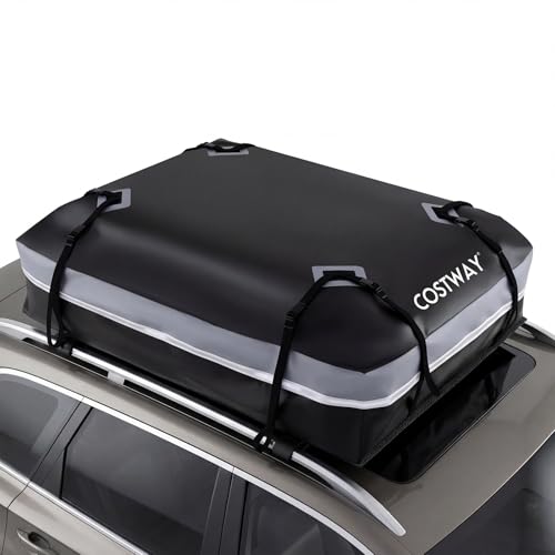 COSTWAY Dachbox Auto, 600 Liter Dachkoffer wasserdicht, Gepäckbox mit Anti-Rutsch-Matte, 6 Türhaken, Schloss & Tragetasche, tragbare Dachtasche XXL für Autos mit/ohne Gepäckträger (Grau)