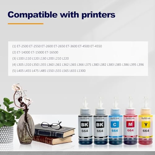Image of ASV T664 Refill Ink Bottle Compatible for Printers L1300, L310, L361, L380, L405, L565, L365, L485, L220, L360, L130 (C /Y /M + 2 Black) (70ml Each)
