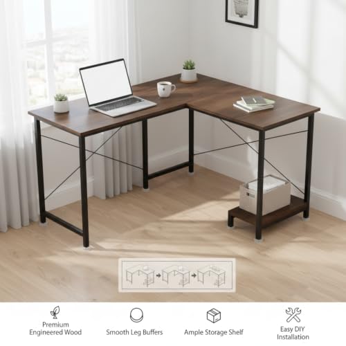 Image of RIZIK Store L-Shaped Computer Desk | 50-Inch Corner Gaming & Study Table with Engineered Wood Top, Metal Frame & CPU Shelf | Writing Workstation for Bedroom, Office & Small Rooms (Brown)