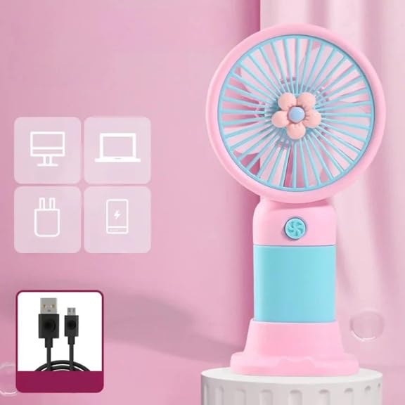 Image of Mini Handheld Rechargeable Fan | Portable USB Charging E-Fan with Stand, Quiet High-Speed Cooling, Cute Flower Design, Compact Personal for Home, Office, Travel & Outdoor Use