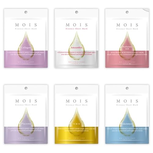 フェイスマスク パック 6種類 フェイスパック 無添加 美容液 25ml コラーゲン アスタキサンチン ヒアルロン酸 プラセンタ NMN ガラクトミセス 個包装 MOIS エッセンスシートマスク6種セット (6種6枚セット)