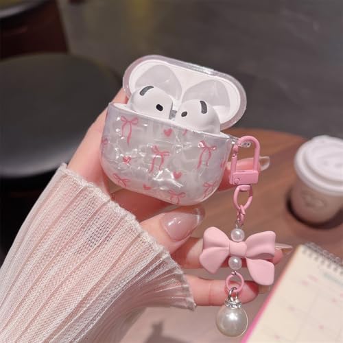 Image of MINSCOSE for Cute Glitter AirPods 4 Case,Shell Pattern Bow Ribbon Trendy Design with Bowknot Pearl Keychain,Protective Shockproof Cover for Apple Airpods iPod 4th Generation for Women Girl-Pink
