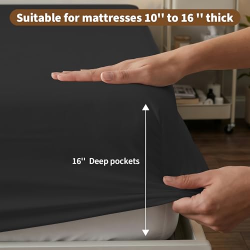 Image of HBHLFZ King Fitted Sheet Only, Soft Breathable Bottom Sheet - 78 inchx80 inch Deep Pockets King Size Fitted Sheet - All Around Stretch Fit, Wrinkle Resistant, Colorfast - Easy Care, Black