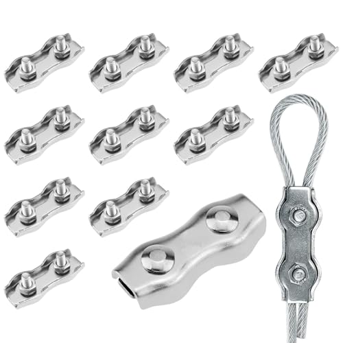 Gebrazy 12 Pièces Abrazadera Cable Acero, Doble Clip De Cuerdas para Alambre 6mm,Tensores De Alambre,304 Inoxidable Dúplex Clips,Uso para Tendederos, Colgante La Bandera, Envío Y Anclaje