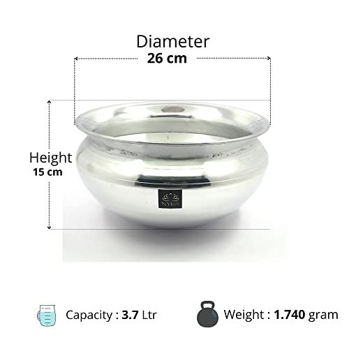 Nyra Aluminium Handi with Lid Machine Glossy Finish Biryani Rice Cooking Pot Dhari Patiya Tope Patila Vessel, Deg, Degchi - Available in 8 Sizes (3.7 Liter Capacity), Silver - Image 2 thumbnail