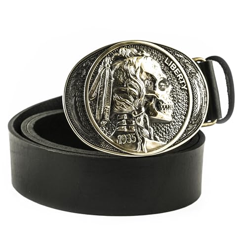 Leather belt Indian skull brass buckle, Liberty 1935, Chief skull, Indian head nickel, buffalo nickel, Native American history, cowboy belt