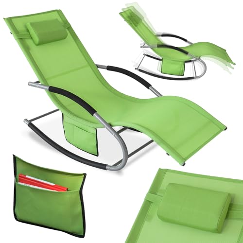 SoBuy Sonnenliege Gartenliege wetterfest Liegestuhl Schaukelstuhl mit Kopfkissen Relaxliege Schaukelliege Strandliege Outdoor Terrasse Balkon Camping bis 150 kg Grün Gartenmöbel OGS28-GR