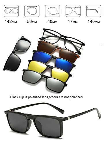 VisionsIndia 6 in 1 Polarized Magnetic Clip On Sunglasses Eye Glasses With UV 400 Night Drive Unisex (2298, Square, 56|17, Large)