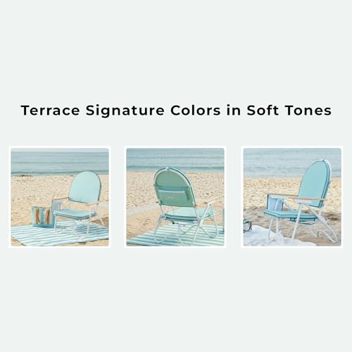 Image of Padded Low Beach Chair, 4-Position Folding Outdoor Chair with Wooden Armrests, Cushioned Seat, Storage Pouch & Carry Strap for Beach, Patio and Lawn, Harbour Cypress Green