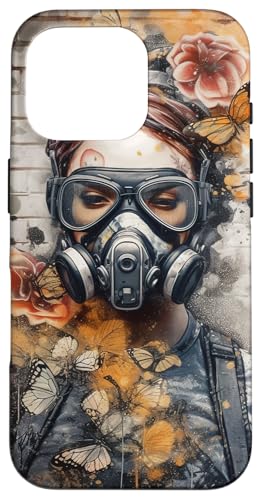 スチームパンク 女性 ガスマスク 水彩画 蝶 スマホケース iPhone 16 Pro 用