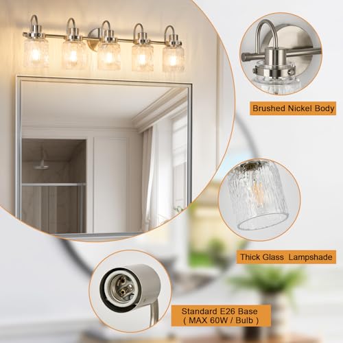 Image of 5 Lights Hammered Glass Bathroom Vanity Light,Brushed Nickel | Easy Installation,Up or Down,Farmhouse Modern Style,E26 Socket,ETL Certification