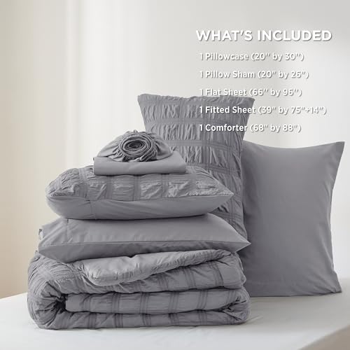 Bedsure Bed in a Bag Twin - 5 Pieces Plaid Seersucker Bedding Comforter Sets, Soft Lightweight Grey Boho Bed Set with Comforters Twin Size, Sheets, Pillowcase & Sham