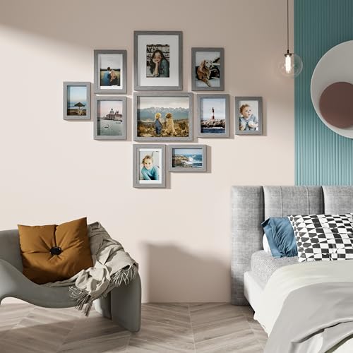 Image of Vittanly 10 Pack Picture Frames Collage Wall Decor, Gallery Wall Frame Set for Wall or Tabletop Display, Engineered Wood and Shatter-resistant Plexiglass, Multi Sizes with 8x10, 5x7, 4x6 Frames, Grey