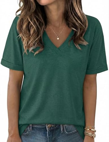 Aottori T Shirt Femme Manche Courte Col V T-Shirt Ete Elástique Ample Haut Long Léger Chemise Chic Couleur Unie Décontracté Top Vert L