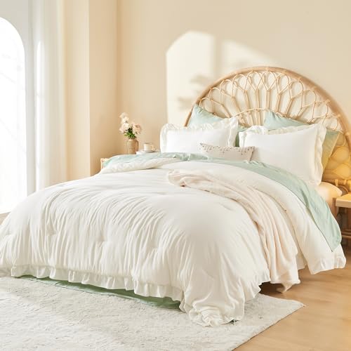 Image of Litanika Full Comforter Set Ivory, 3 Pieces Beige Ruffle Farmhouse Aesthetic Bedding Comforter Set, Lightweight Fluffy Microfiber Bed Set (79x90In Comforter, 2 Pillowcases)