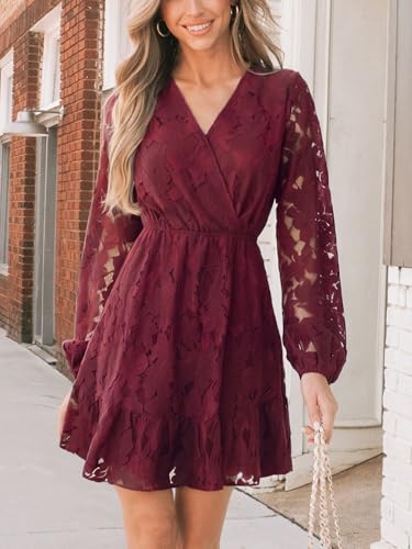 Image of CUPSHE Women Elegant V Neck Lace Peasant Sleeve Mini Summer Dress Elastic High Waist A Line Casual Wedding Guest Dress