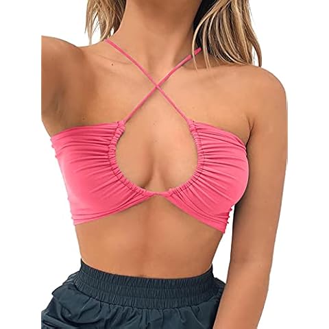 TOB Women's Sexy Criss Cross Lace Up Sling Basic Bow Tie Crop Top Fluopink Cover